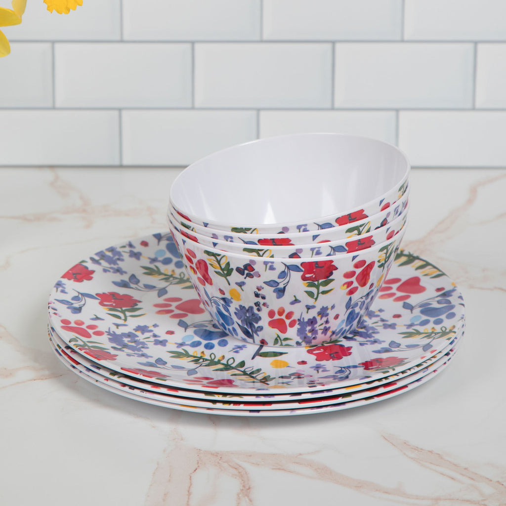 Flower Garden Paws Melamine Dinnerware Set Of 4