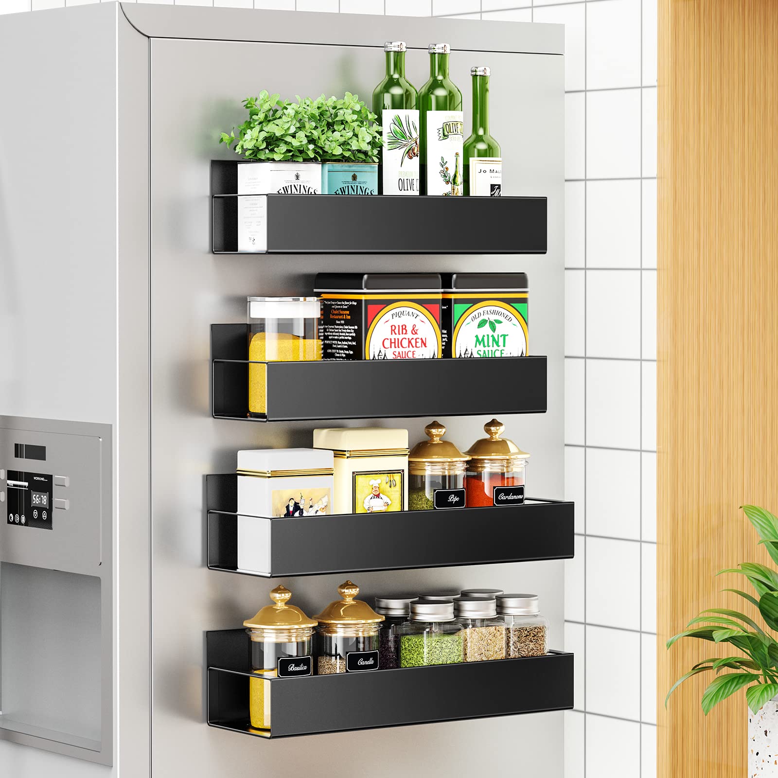 4 Pack Moveable Fridge Magnetic Spice Racks, Metal - Black