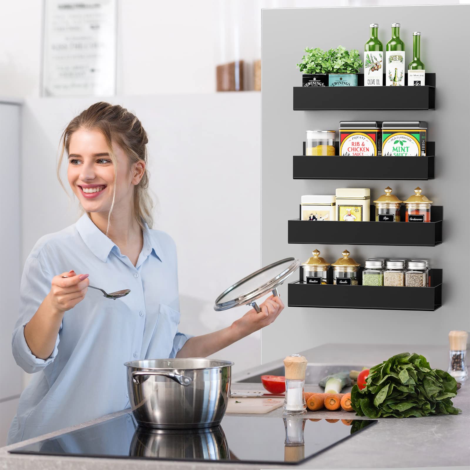 4 Pack Moveable Fridge Magnetic Spice Racks, Metal - Black
