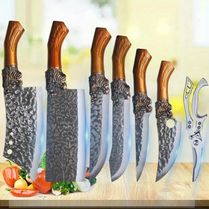 7-Piece Stainless Steel Kitchen Knife Set - Forged Professional Kitchen Knife Set, Boning, Slicing, Carving, Filleting, Deboning,Ping, Ultra-Sharp Cooking Tools for Meat and Fish Meatcleaverset Kitchenware