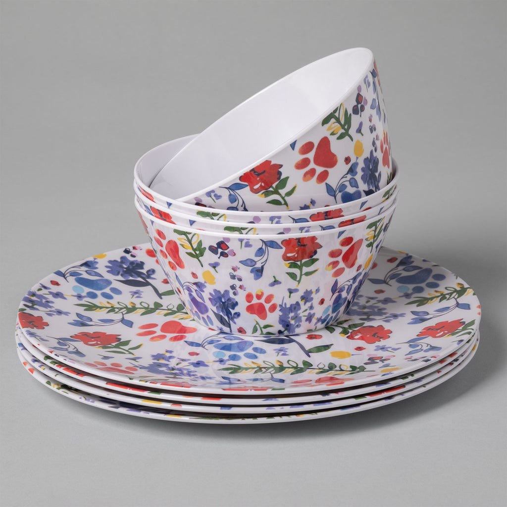 Flower Garden Paws Melamine Dinnerware Set Of 4