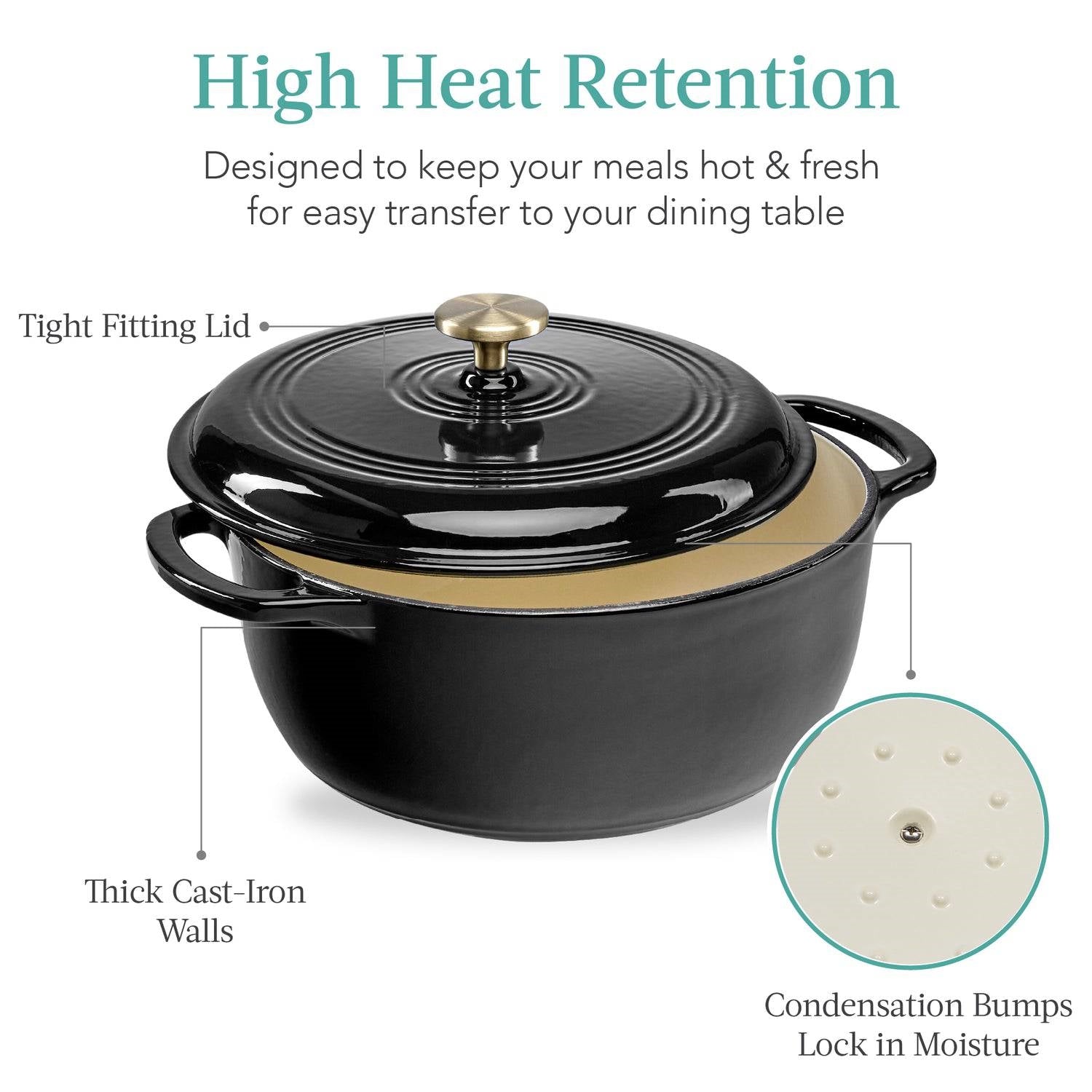 6 Quart Large Black Enamel Cast-Iron Dutch Oven