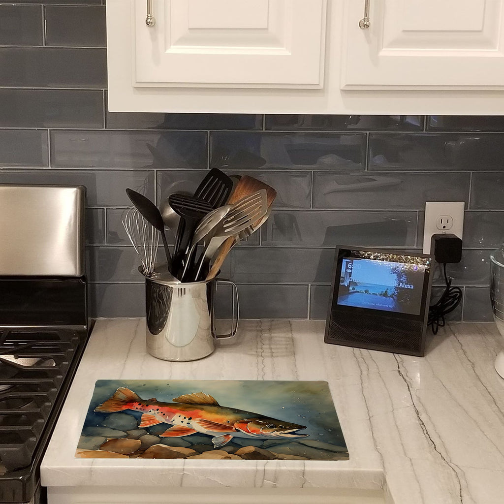 Brook Trout Cutting Board Tempered Glass Kitchen Surface, Heat Resistant Chopping with Non-Slip Feet,Food Prep & Serving