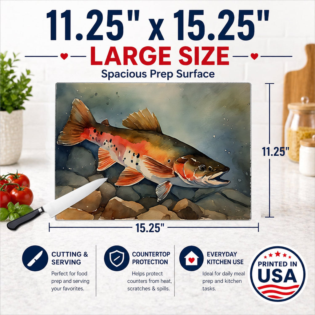 Brook Trout Cutting Board Tempered Glass Kitchen Surface, Heat Resistant Chopping with Non-Slip Feet,Food Prep & Serving