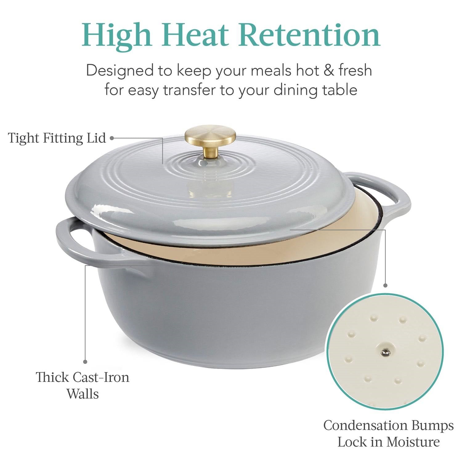 6 Quart Large Light Grey Enamel Cast-Iron Dutch Oven