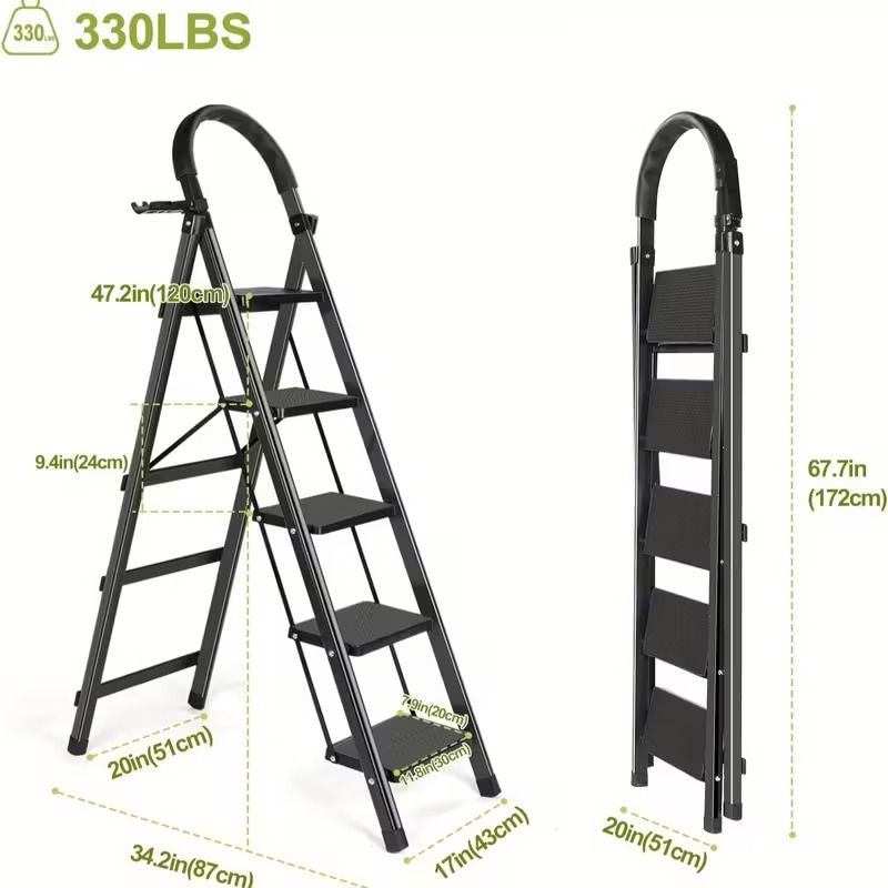 Foldable Steel Step Stool with Tool Tray, 300LBS Capacity